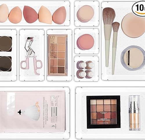 Vtopmart 10 Pcs Makeup Drawer Organizer Bins Set, 4 Size Plastic Makeup and Vanity Organizer Trays, Clear Acrylic Vanity Storage Containers for Cosmetics, Toiletries, Jewelry, Gadgets, Office Supply
