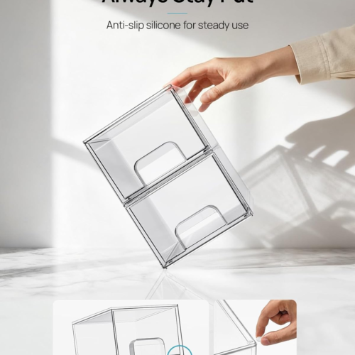 4 Pack Small Clear Stackable Storage Drawers,Acrylic Bathroom Makeup Organizer,Plastic Storage Bins For Vanity, Undersink, Kitchen Cabinets, Pantry, Home Organization