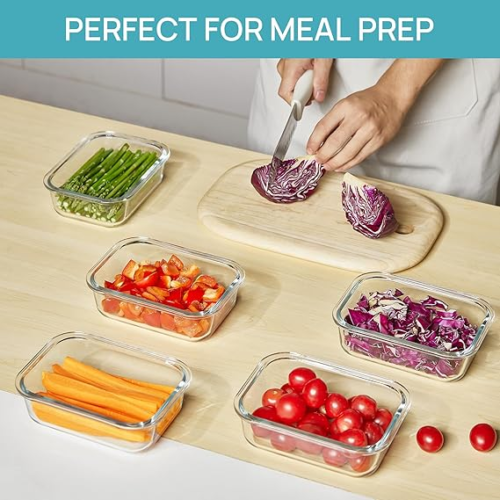 5Pack 22oz Glass Storage Containers with Lids, Glass Meal Prep Food Container Sets with Snap Airtight Lids for Microwave, Oven, Freezer and Dishwasher, Grey