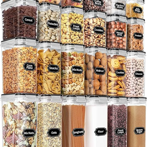 Airtight Food Storage Containers Set with Lids - 24 PCS, BPA Free Kitchen and Pantry Organization, Plastic Leak-proof Canisters for Cereal Flour & Sugar - Labels & Marker