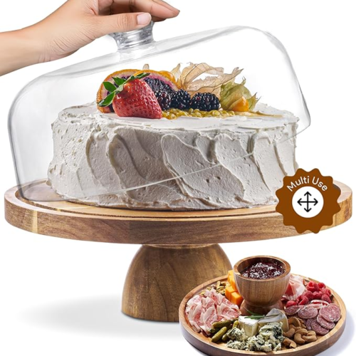 Acacia Wood Cake Stand with Lid - Cake Stand with Dome,12in Round Cake Holder, 2-in-1 Dessert Table Display Set & Charcuterie Board for Cheese, Chips & Dips, Fruit Platter, Large Acrylic Cake Dome Cover